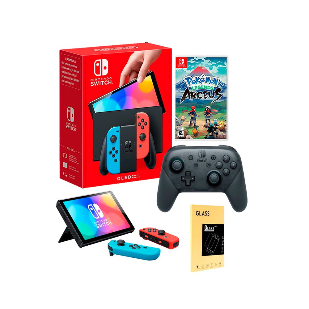 Consola Nintendo Switch Oled Neon + Pokemon Arcues + Pro Controller + Mica