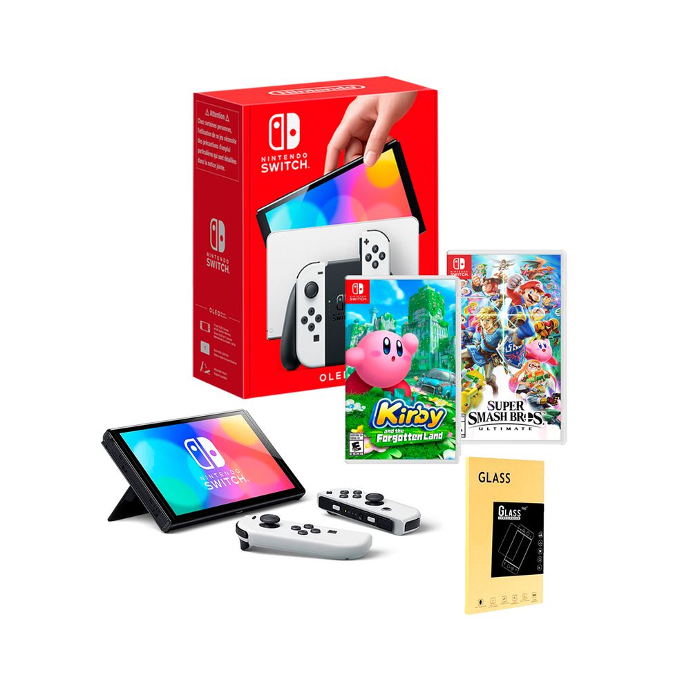 Nintendo Switch Oled Blanco + Kirby and the Forgotten Land + Smash Bros + Mica