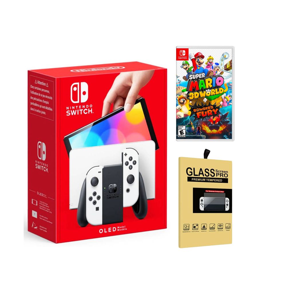 Nintendo Switch Oled Blanco + Mario 3D World Bowser Fury + Mica