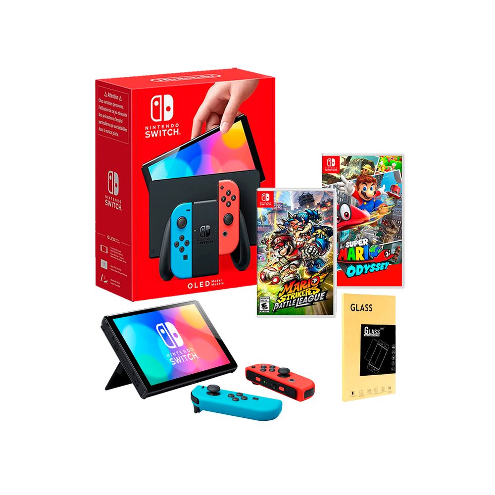 Nintendo Switch Oed Neon + Mario Odyssey + Mario Strikers + Mica