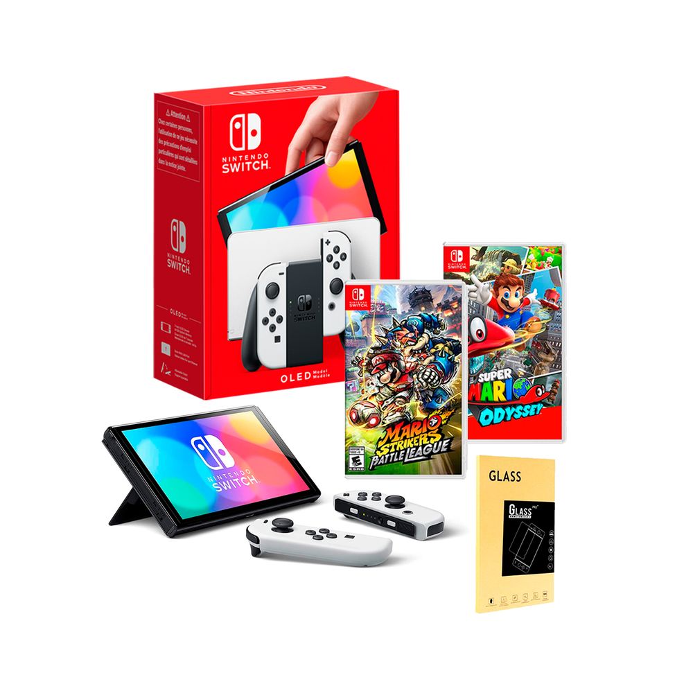 Nintendo Switch Oed Blanco + Mario Odyssey + Mario Strikers + Mica