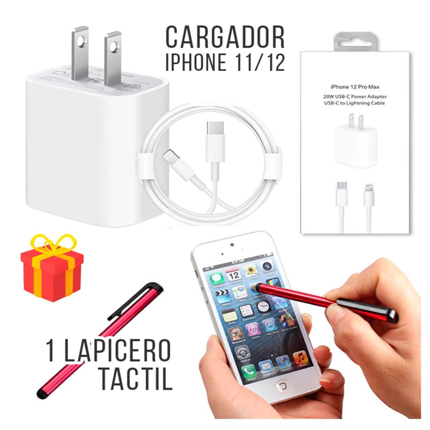 Combo Cargador iPhone 11 12 Pro Apple 20 w + Lapiz Lapicero Touch celular