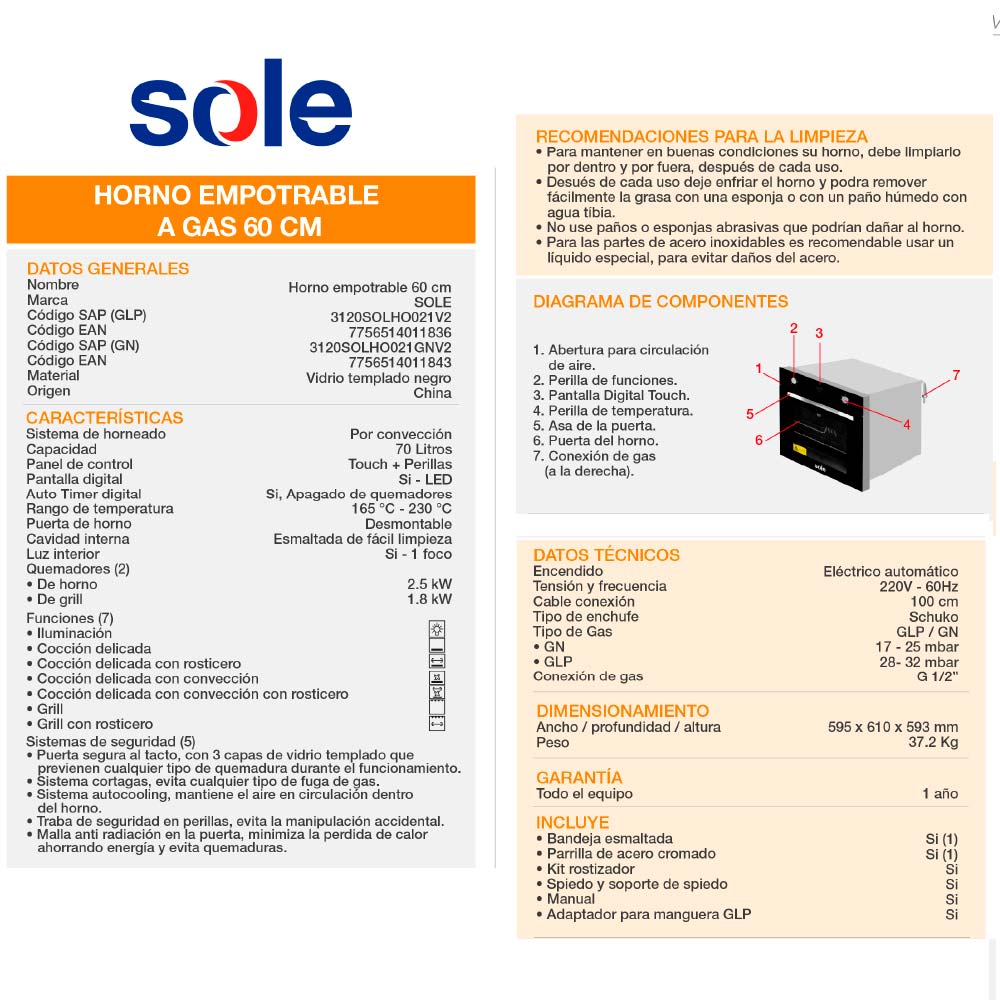 Horno empotrable gas Malta 60cm