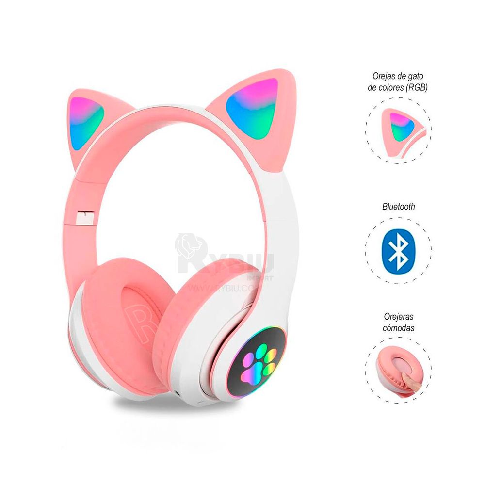 Audifono Bluetooth Inalambrico Tipo Gato Color Rosado Oechsle