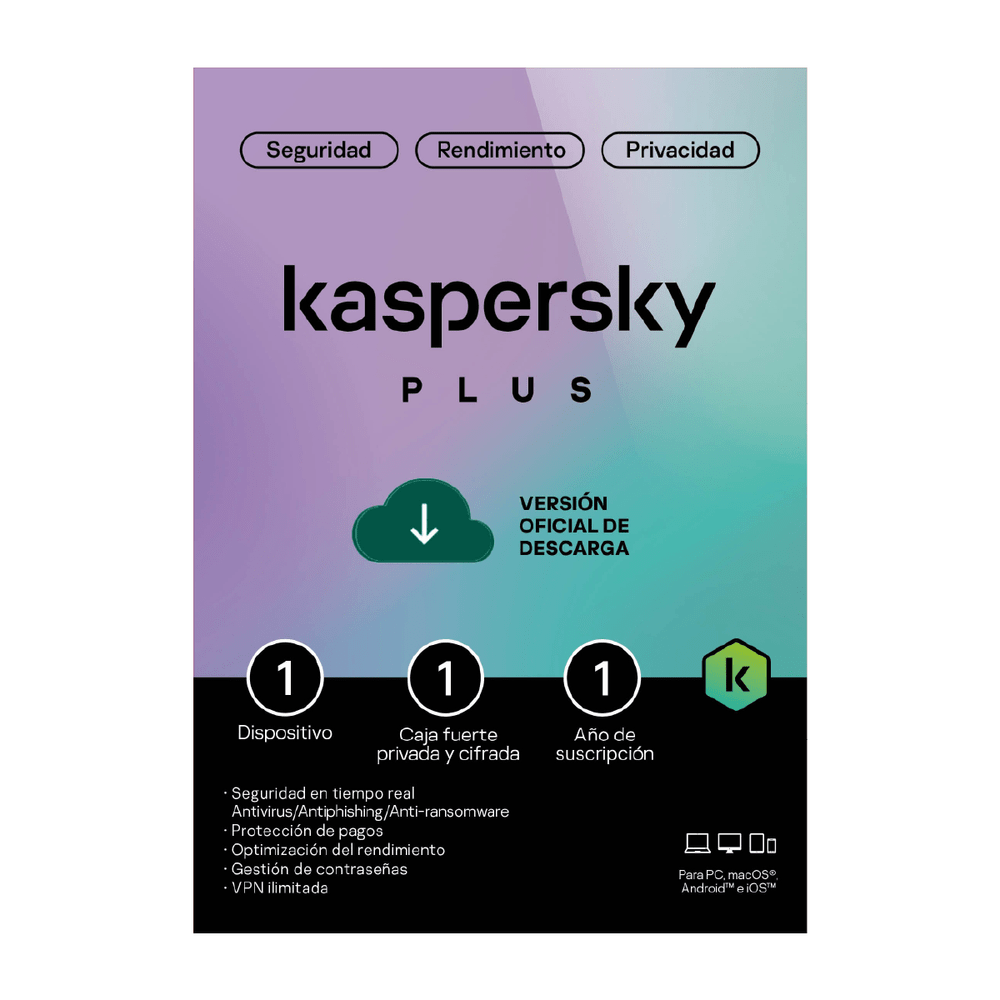 Antivirus Kaspersky Plus 1 dispositivo 1 año