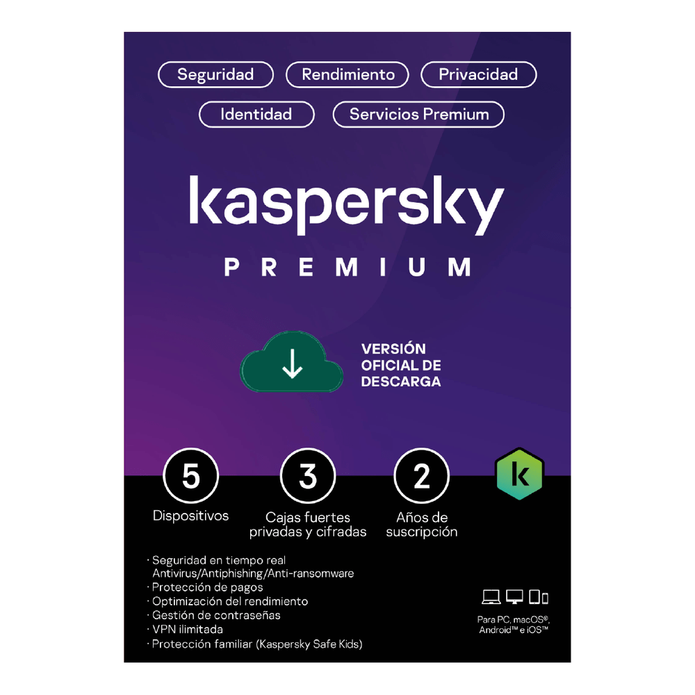 Antivirus Kaspersky Premium 5 dispositivos 2 años