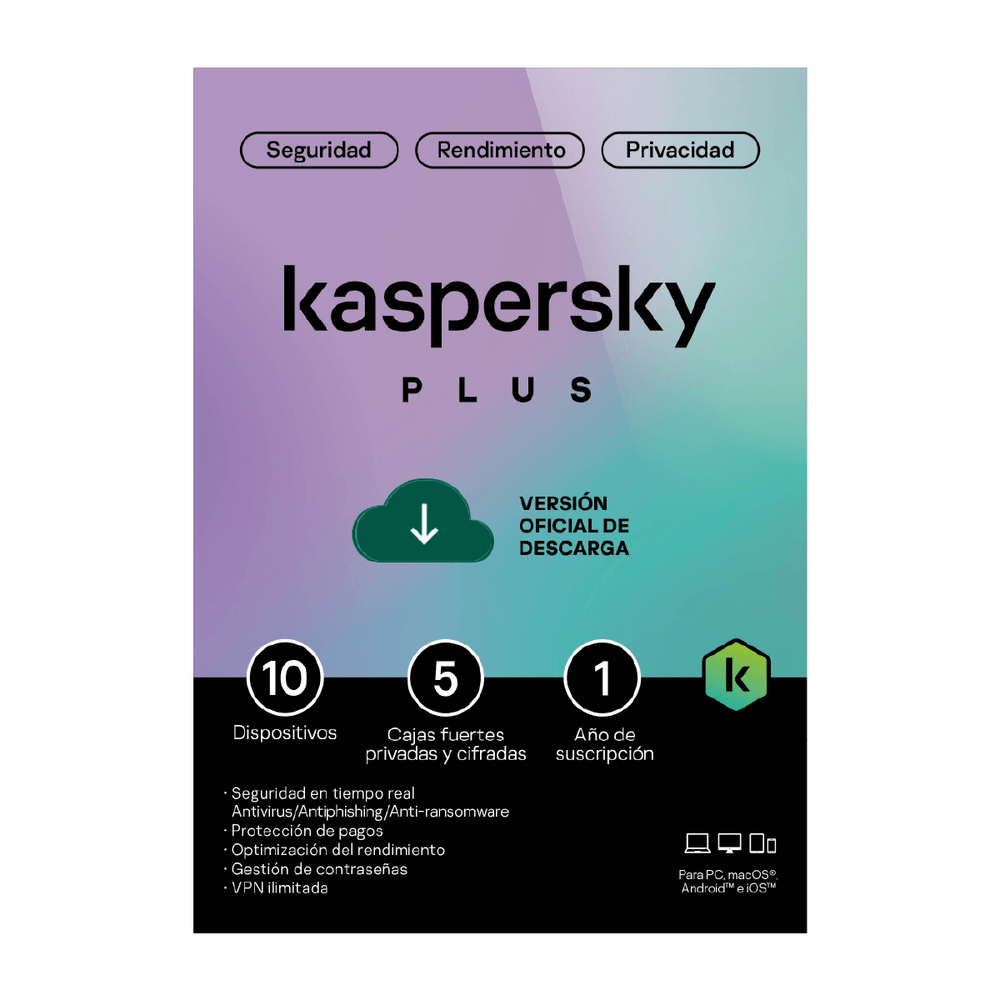 Antivirus Kaspersky Plus 10 dispositivos 1 año