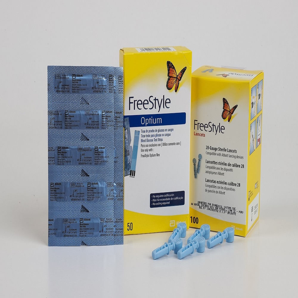 Combo 1 Tiras Reactivas Abbott FreeStyle Optium Caja x50 Unidades y Lancetas Caja x100 Unidades