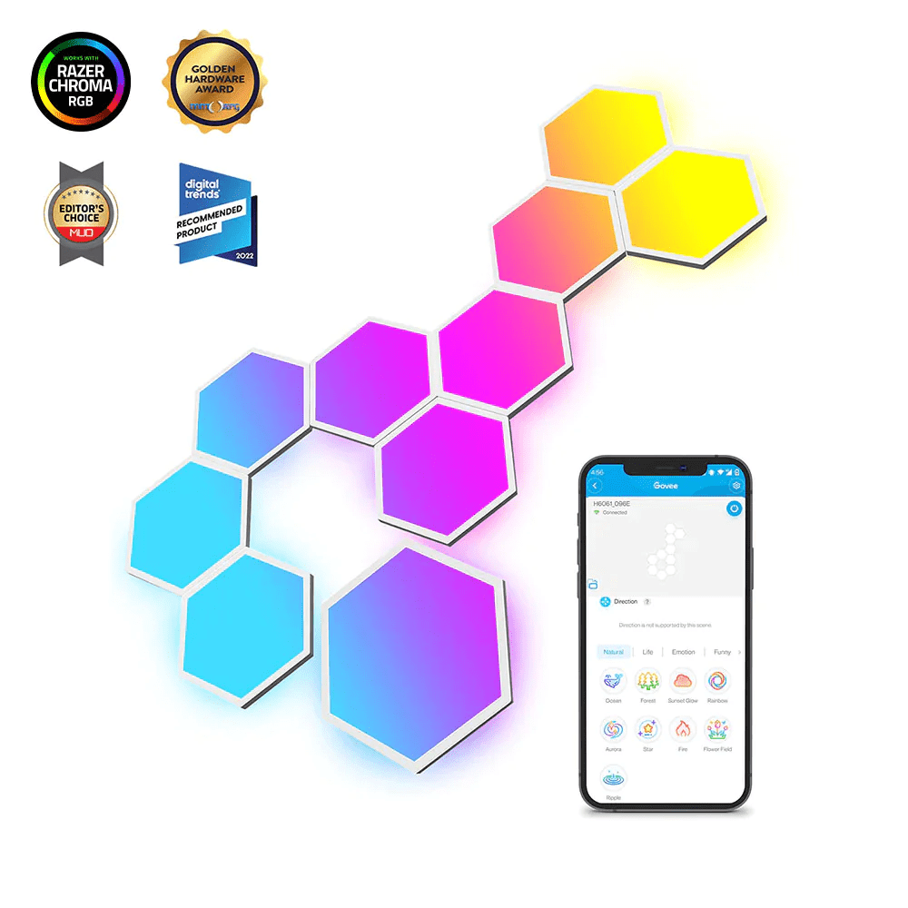 Paneles De Luz Hexagonales RGBIC Govee Paquete De 10 Compatible con Alexa y Google Home