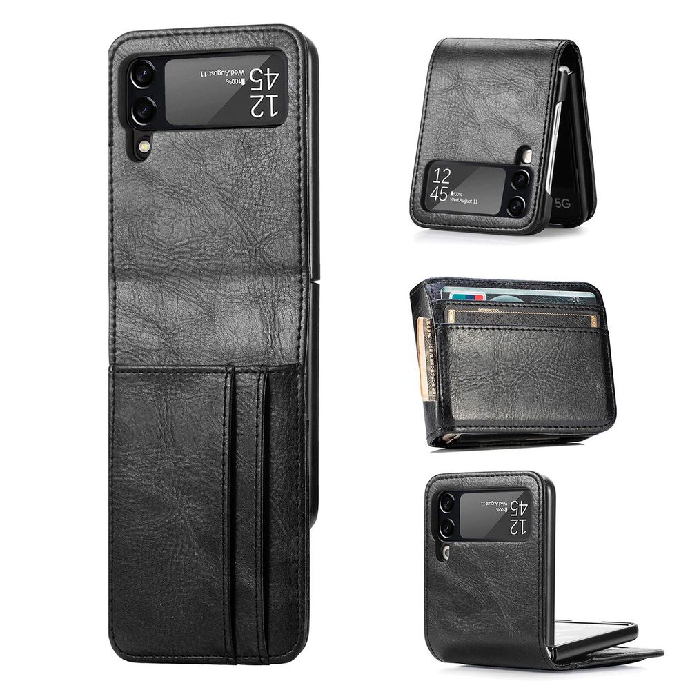 Funda de Cuero Para Samsung Galaxy Z FLIP 4 con Tarjetero - Negro