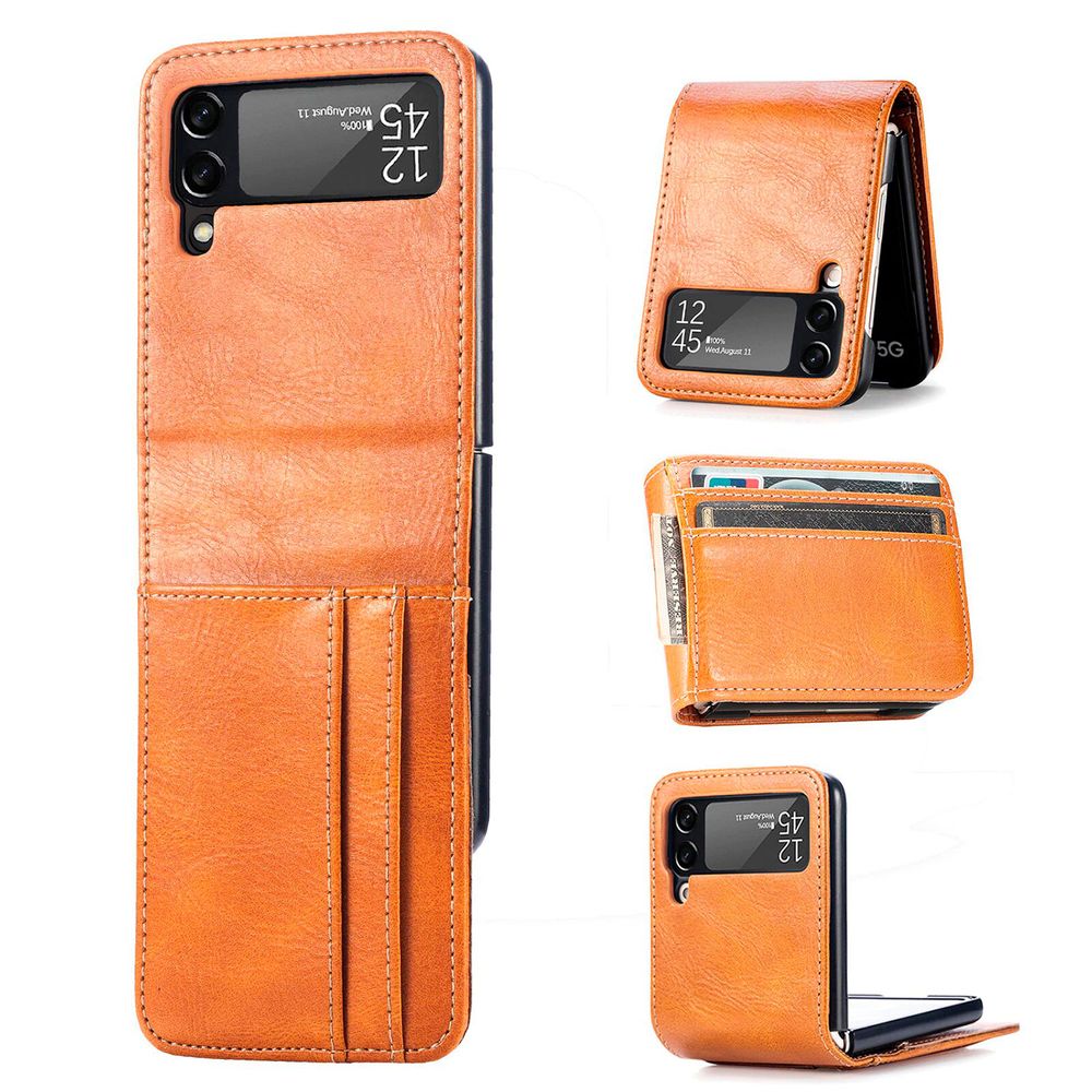 Funda de Cuero Para Samsung Galaxy Z FLIP 4 con Tarjetero - Marrón