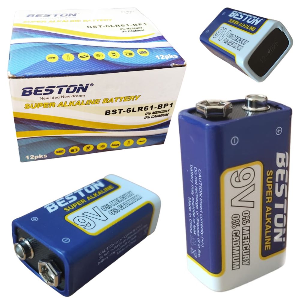 12 Baterías Alcalina 9V Beston BST-6LR61-BP1 Pila 9v Sin Mercurio