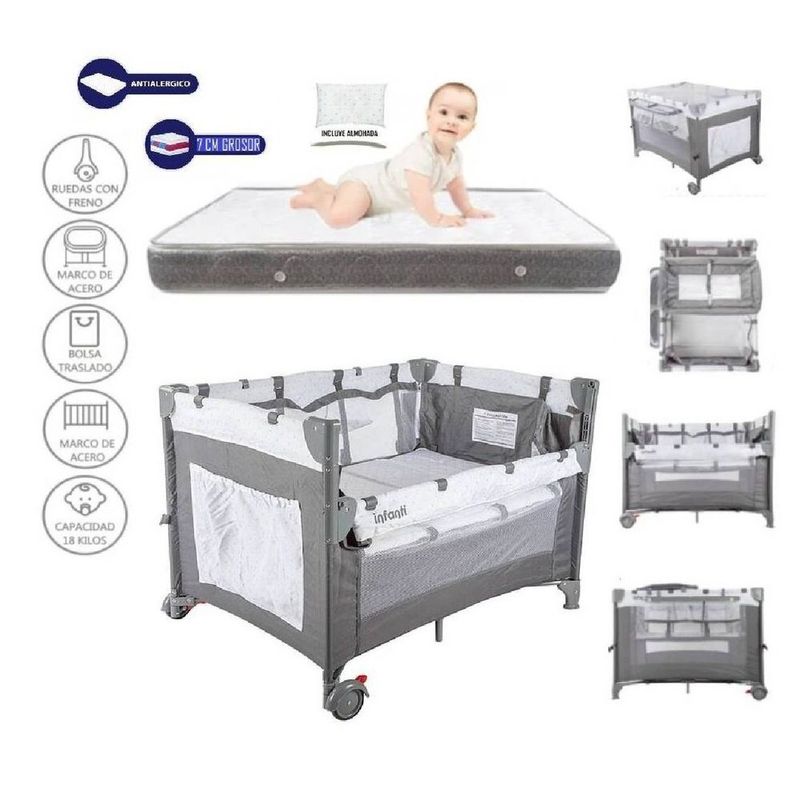 Cuna Corral Baby Kits Verona Rosado Colchón 4 Gris I Oechsle - Oechsle