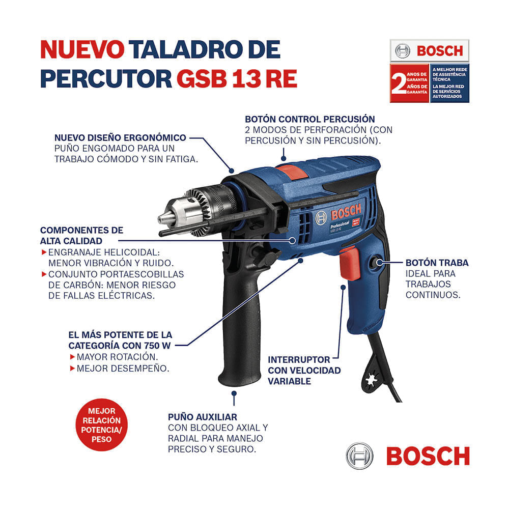 Taladro Percutor Eléctrico 750 W GSB 13 RE Bosch