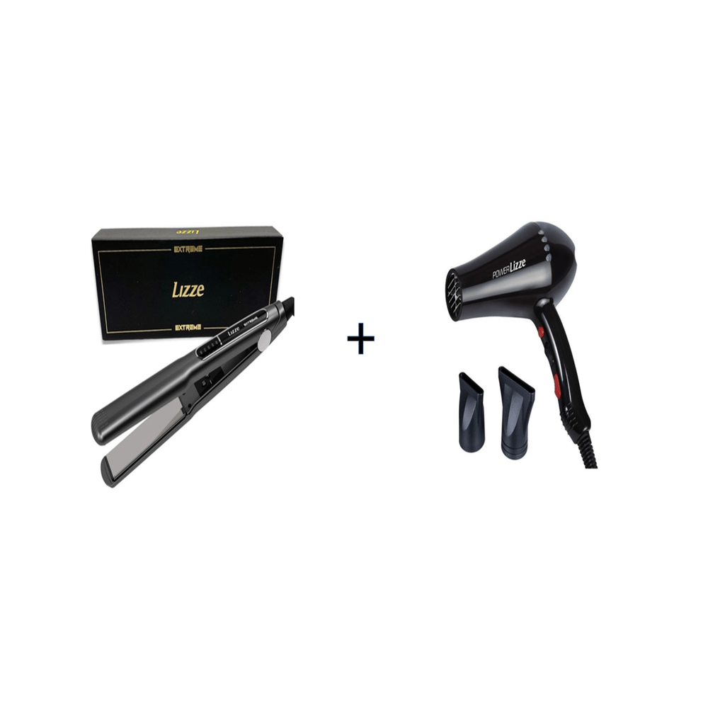 Pack Plancha de Cabello Lizze Extreme 250° C + Secadora de Cabello Profesional Power Negro 2200W