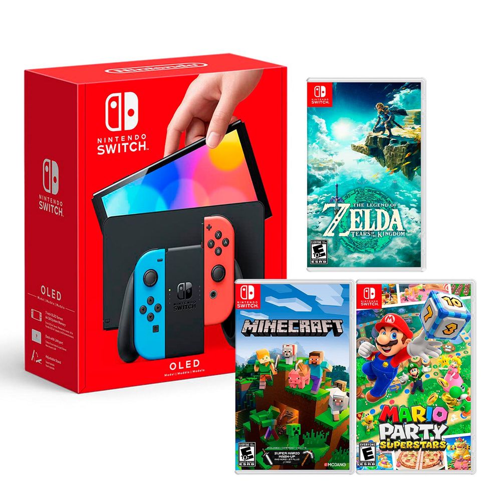 Nintendo Switch Oled Neon+Zelda Tears Of The Kingdom+Minecraft+Mario Superstar