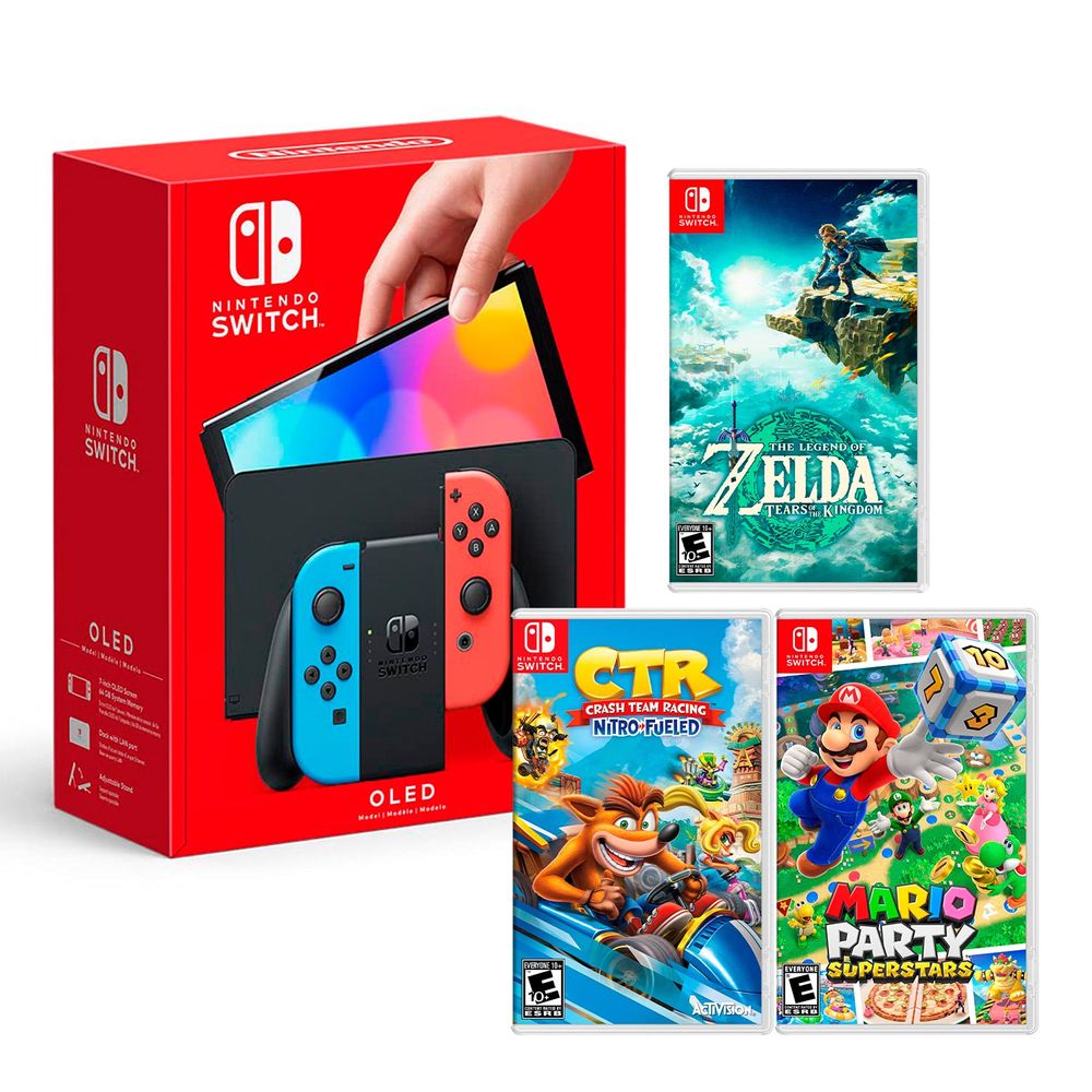 Nintendo Switch Oled Neon + Zelda Tears Of The Kingdom + CTR + Mario Superstar