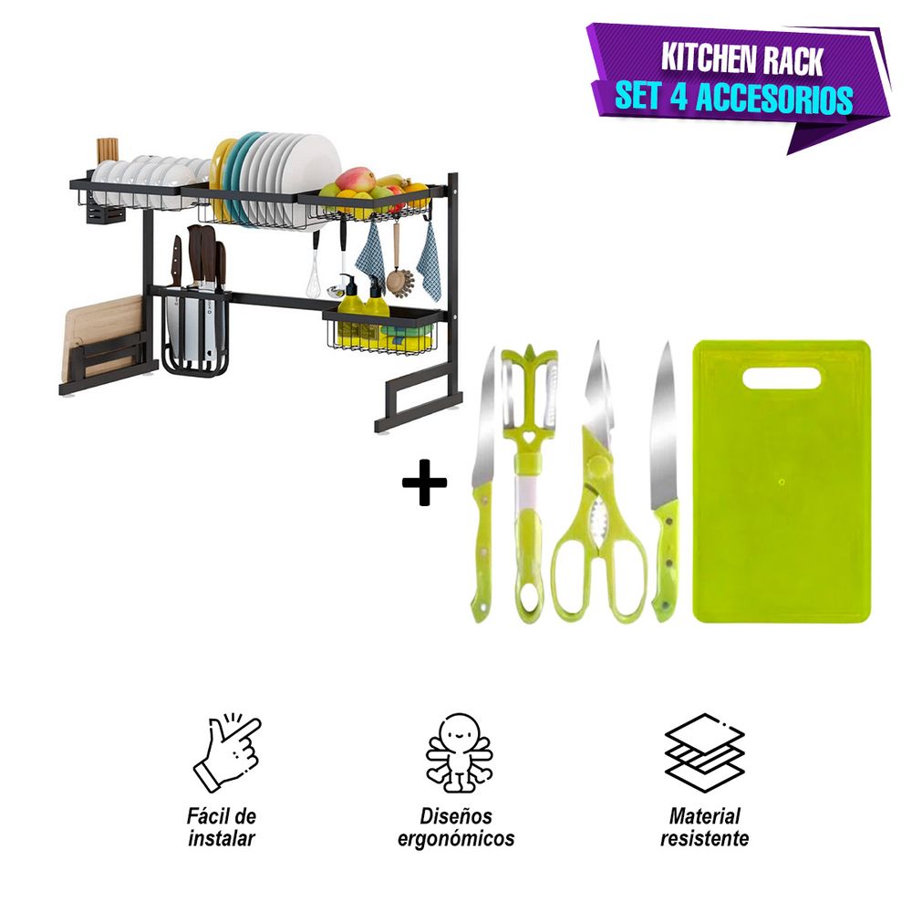 Kitchen Rack + Set de 4 Accesorios para Cocina + Tabla de Picar