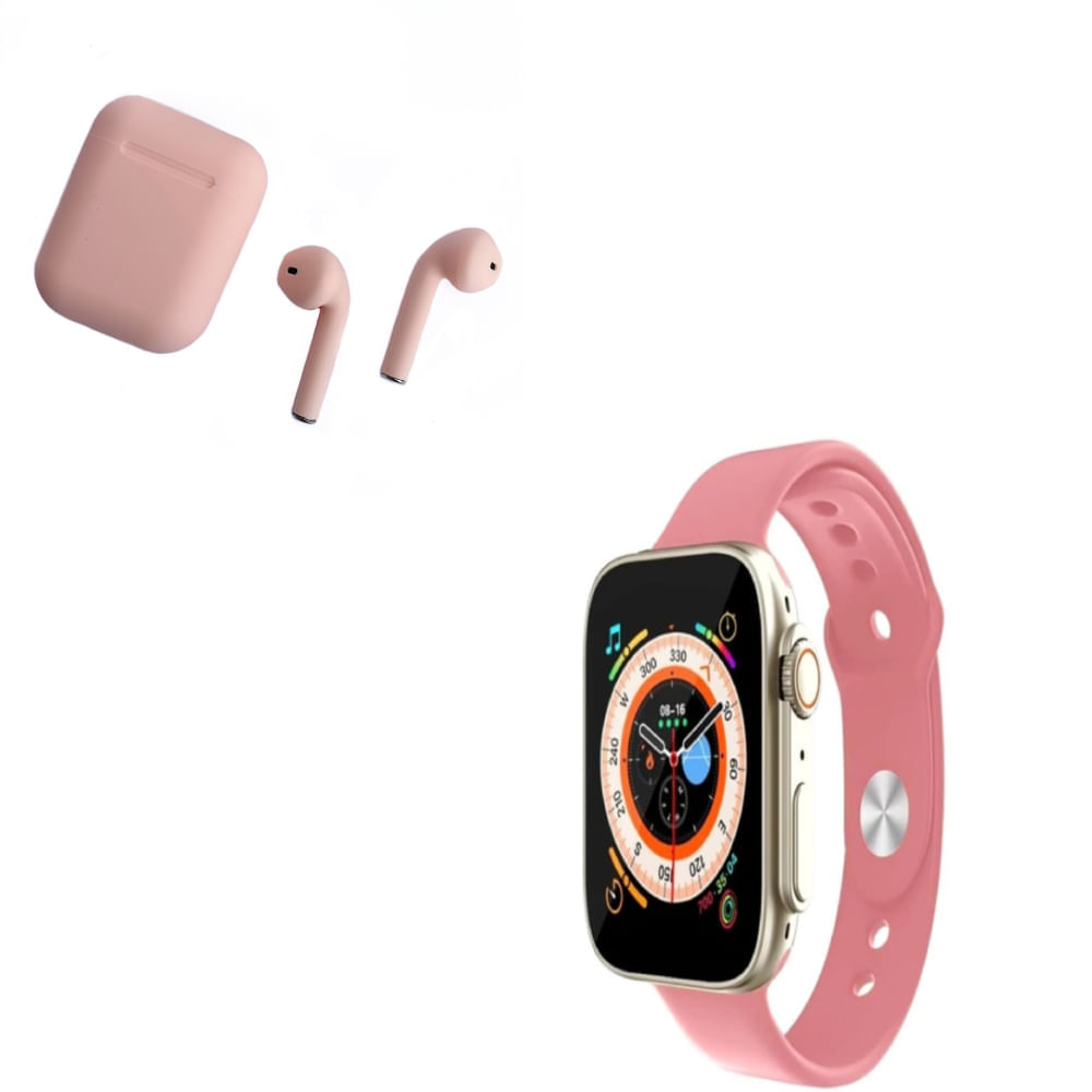 Smartwatch Bluetooth D20 Ultra Rosado y Audifono I12 Rosado