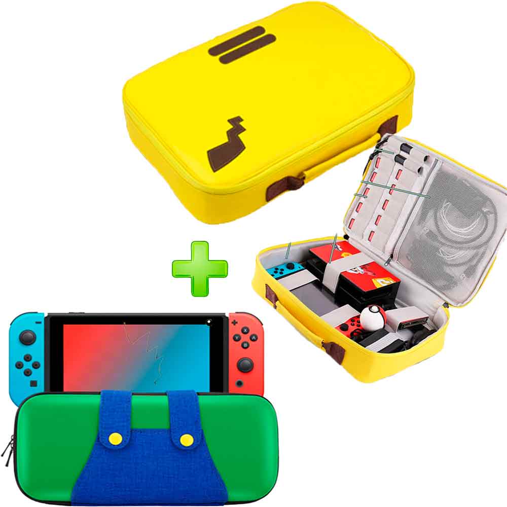 Pack Maleta para Nintendo Switch y Oled Pikachu Amarillo y Estuche Luigi VerdeAzul