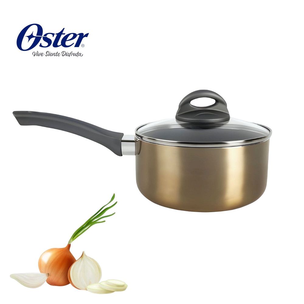 Oster Cacerola antiadherente de Aluminio 18cm (1.9L) con tapa de vidrio, Herscher c/dorado