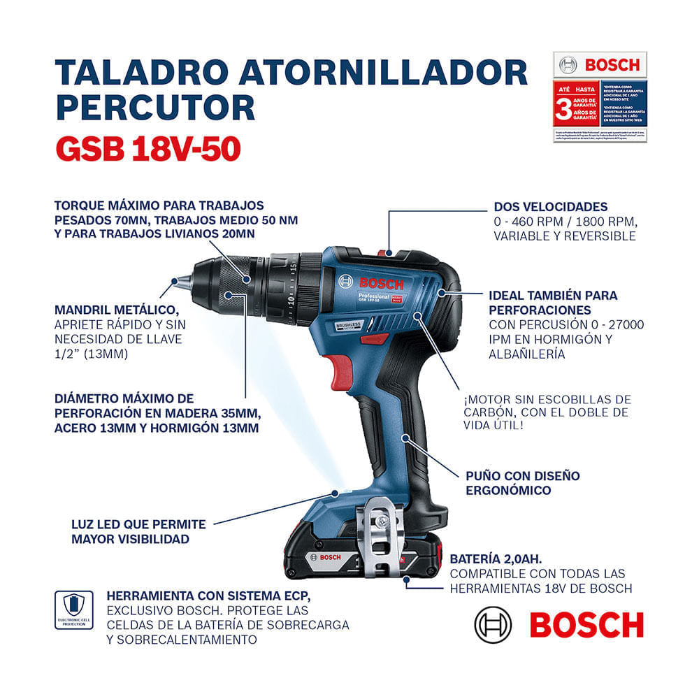 Taladro Percutor Gsb 18v-50 + 1 Bateria 2ah Bosch