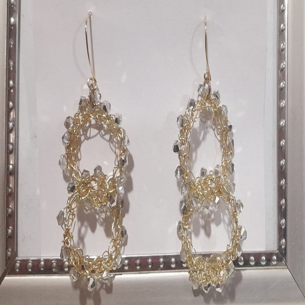 Aretes Zarcillos Doble Argolla Crochet con Cristales