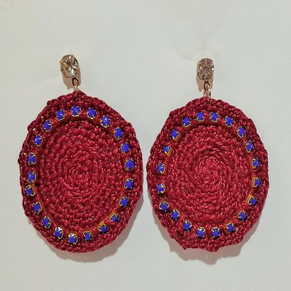 Aretes Zarcillos Tejidos Crochet Guinda Strass Azul