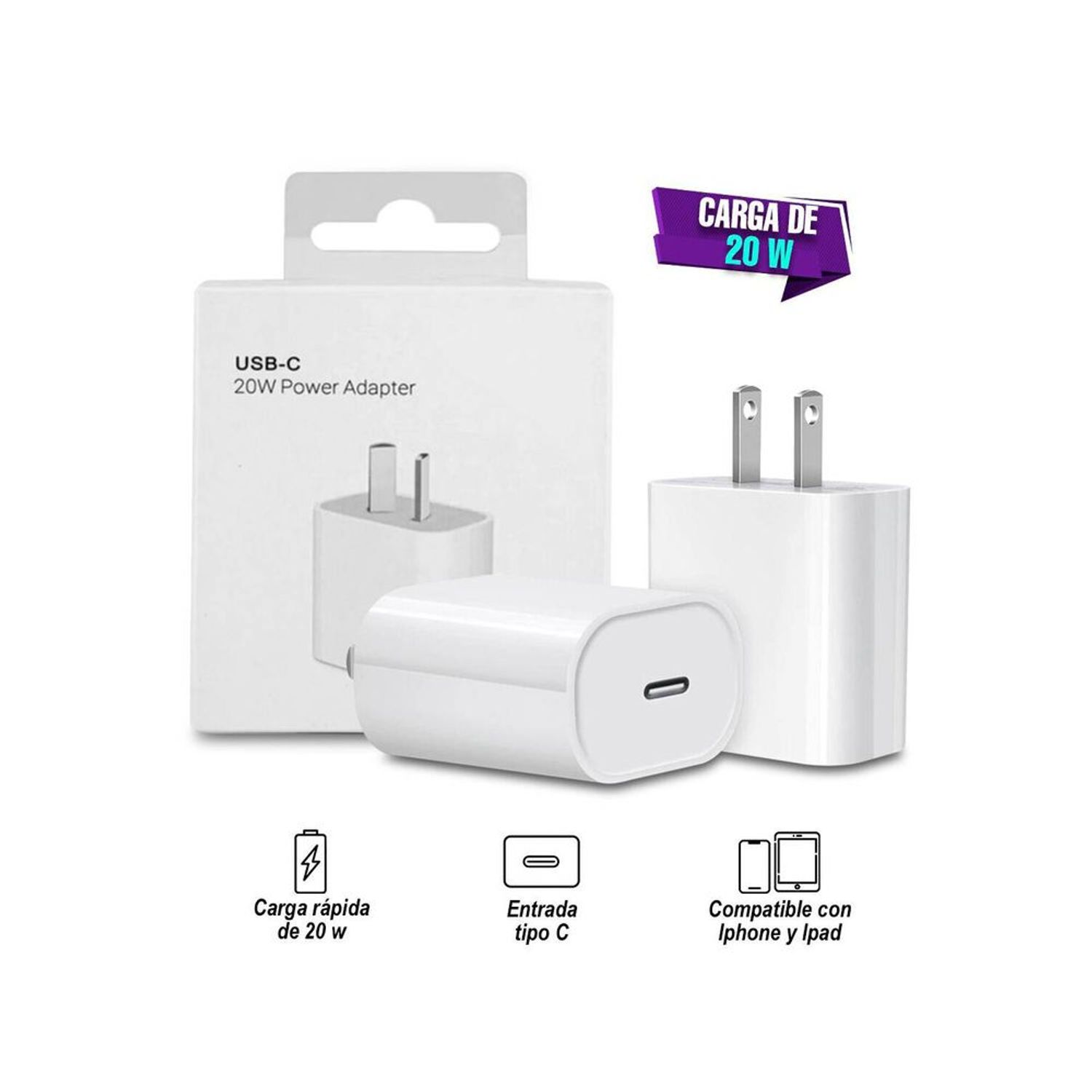 Cargador Carga Rapida USB-C 20W , Compatible Con iPhone