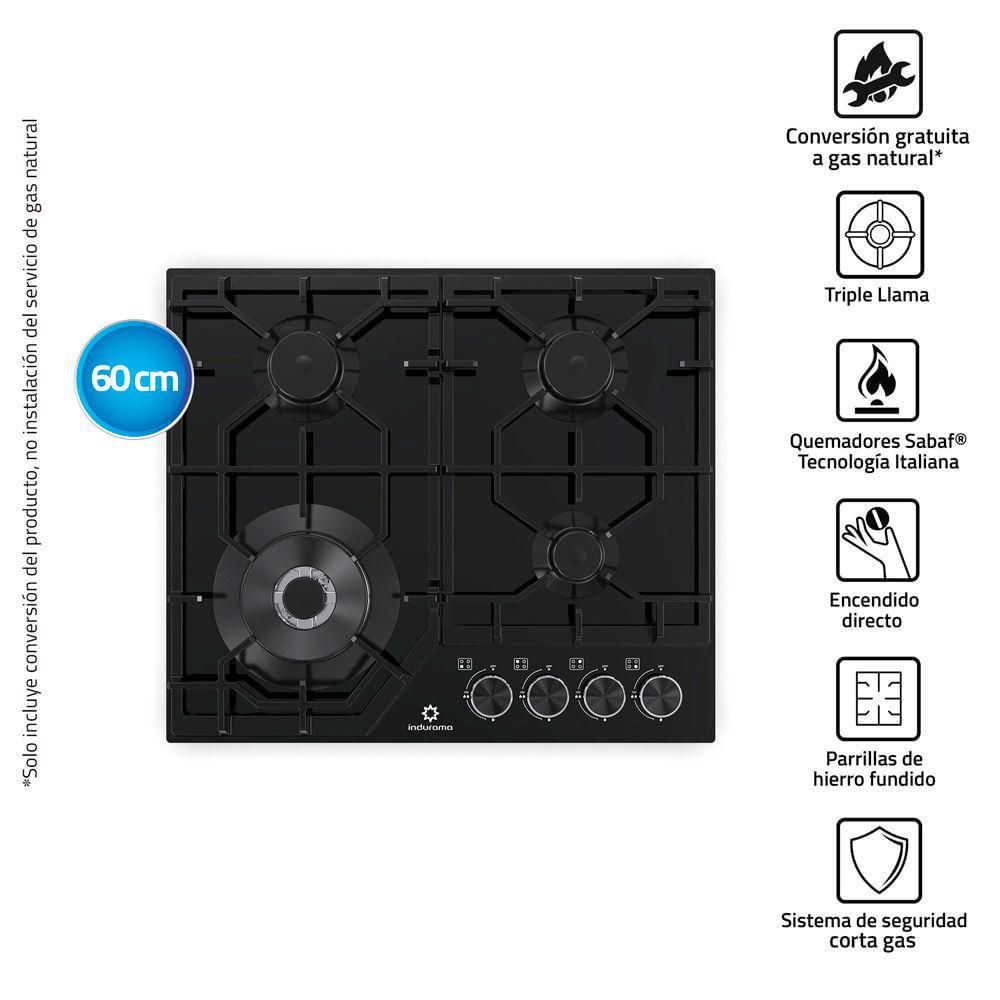 Encimera Indurama a Gas EGASI-604CGNE 4 Quemadores Negro