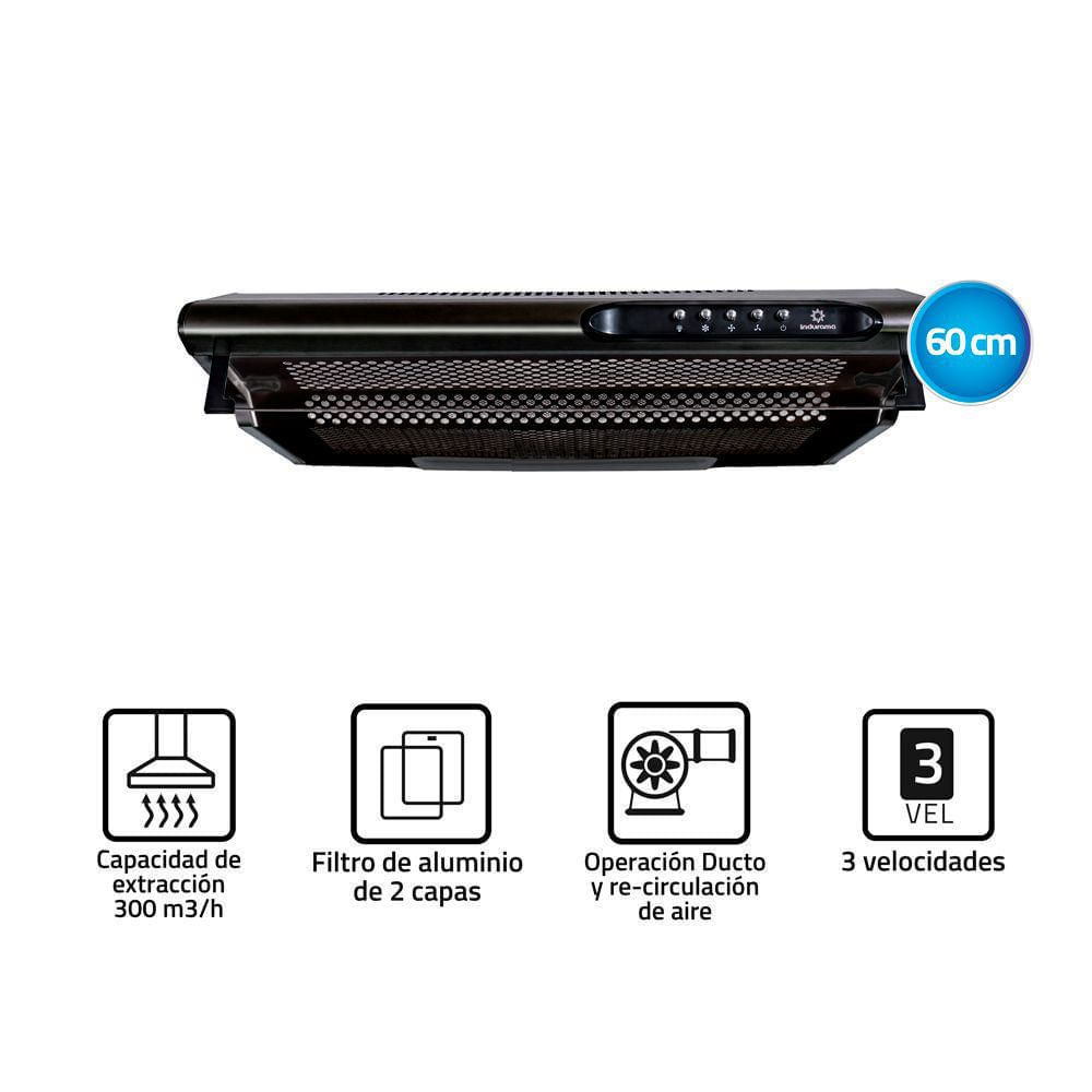 Campana Extractora Indurama CEI-602NE Ducto y Recirculante 130W Negro
