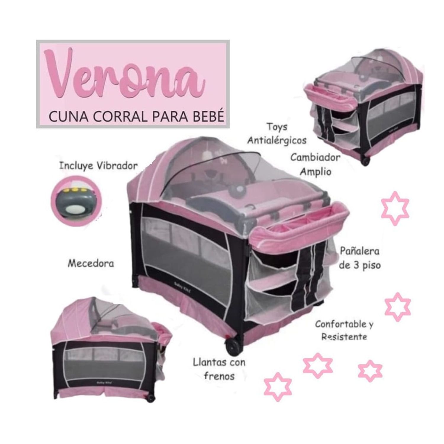 Cuna Corral Verona Baby Kits verona Rosado + Vibrador I Oechsle
