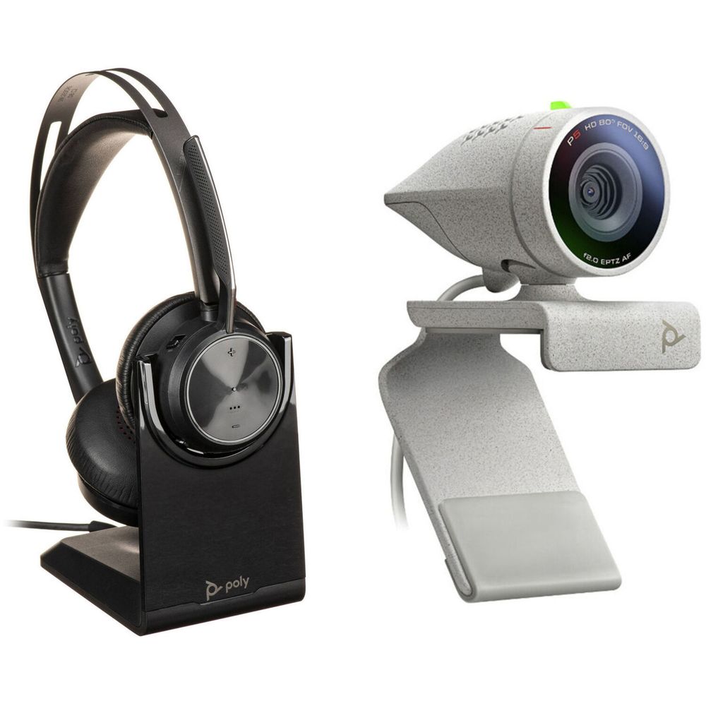Kit de Auriculares On Ear con Cancelación de Ruido Estéreo Voyager Focus 2 Uc y Webcam Plantronics S