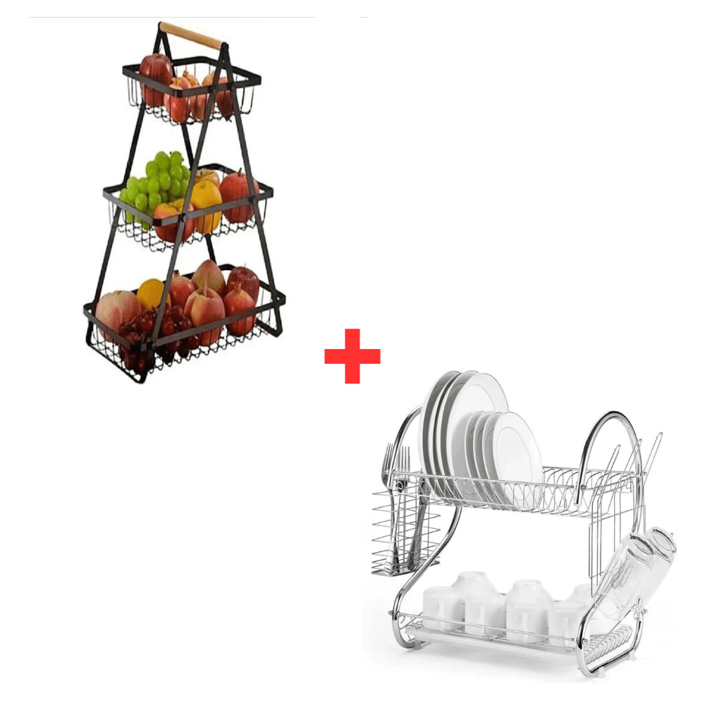 Combo Cesto de Frutas Triangular de 3 Niveles + Escurridor de Platos de Cromo
