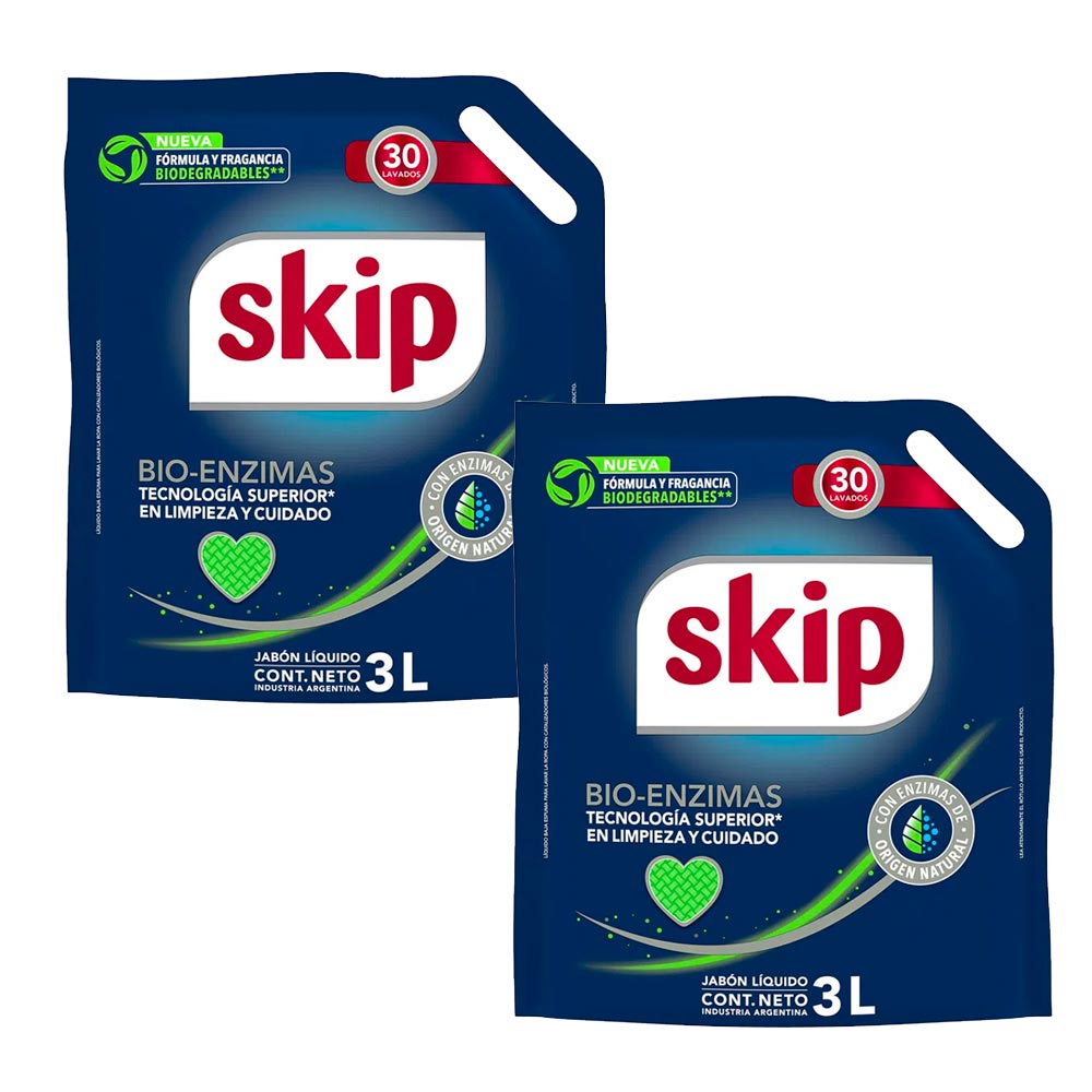 Pack Detergente Líquido Bio Enzimas SKIP Doypack 3L x 2un