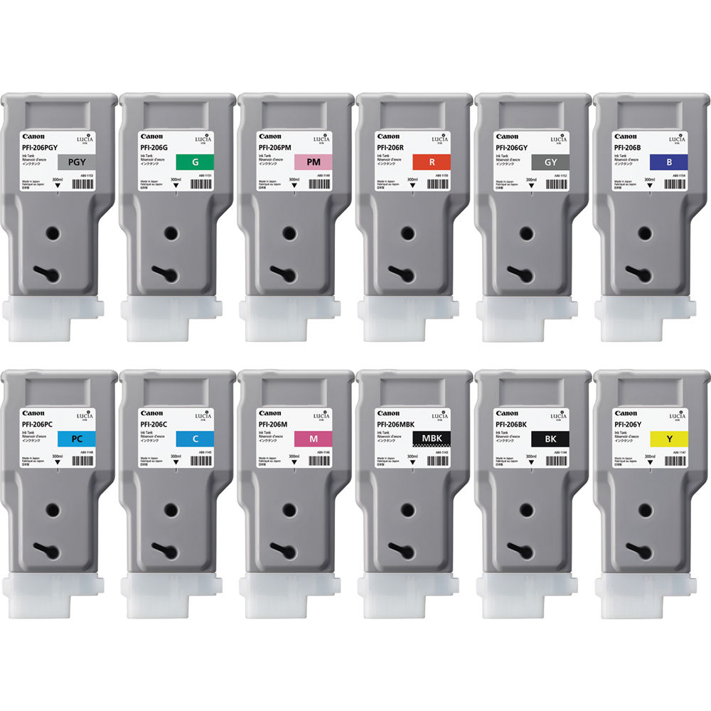 Kit de Tinta Canon Pfi 206 de 12 Colores para Impresoras Imageprograf Ipf6400 E Ipf6450 300 Ml