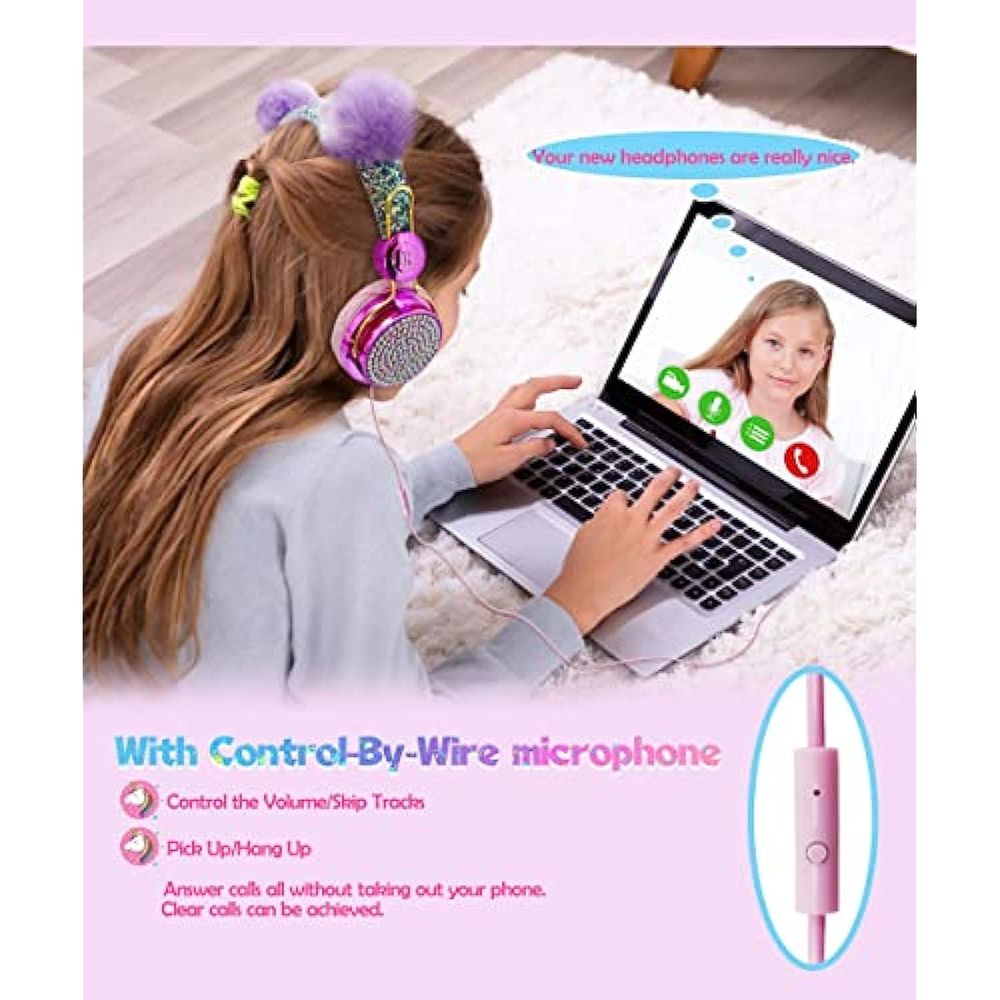 Unicorn - Auriculares para niños con micrófono, 85 dB con cable para niñas,  para la escuela, Navidad, cumpleaños, día del niño (morado)