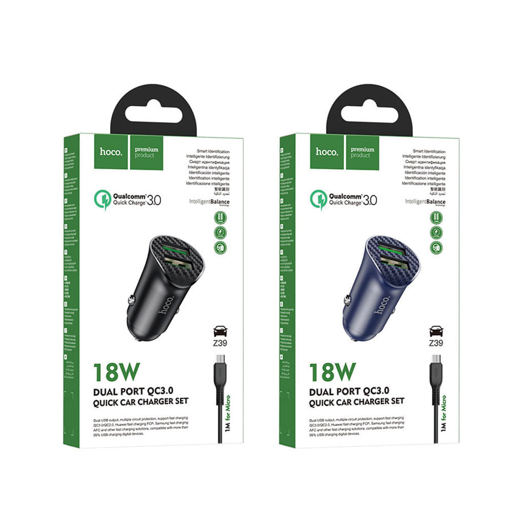 Cargador USB a Micro USB V8 Hoco Z39 18W Carga rápida Azul De Alta Calidad y Durabilidad