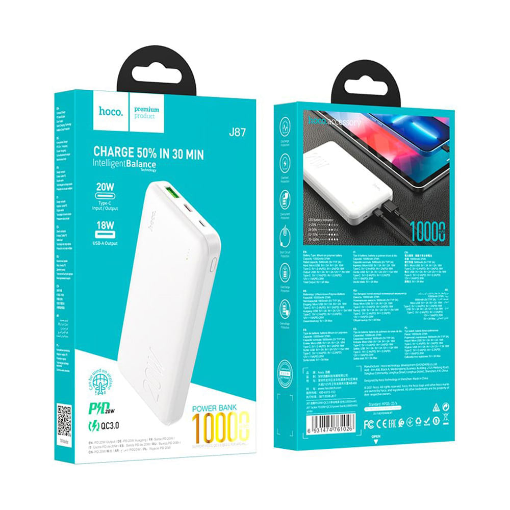 Power Bank 10000mAh Hoco J87 con Indicador LED Blanco De Alta Calidad y Durabilidad