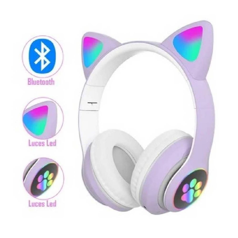 Audífonos Bluetooth Oreja De Gato Con Luz Led Lila