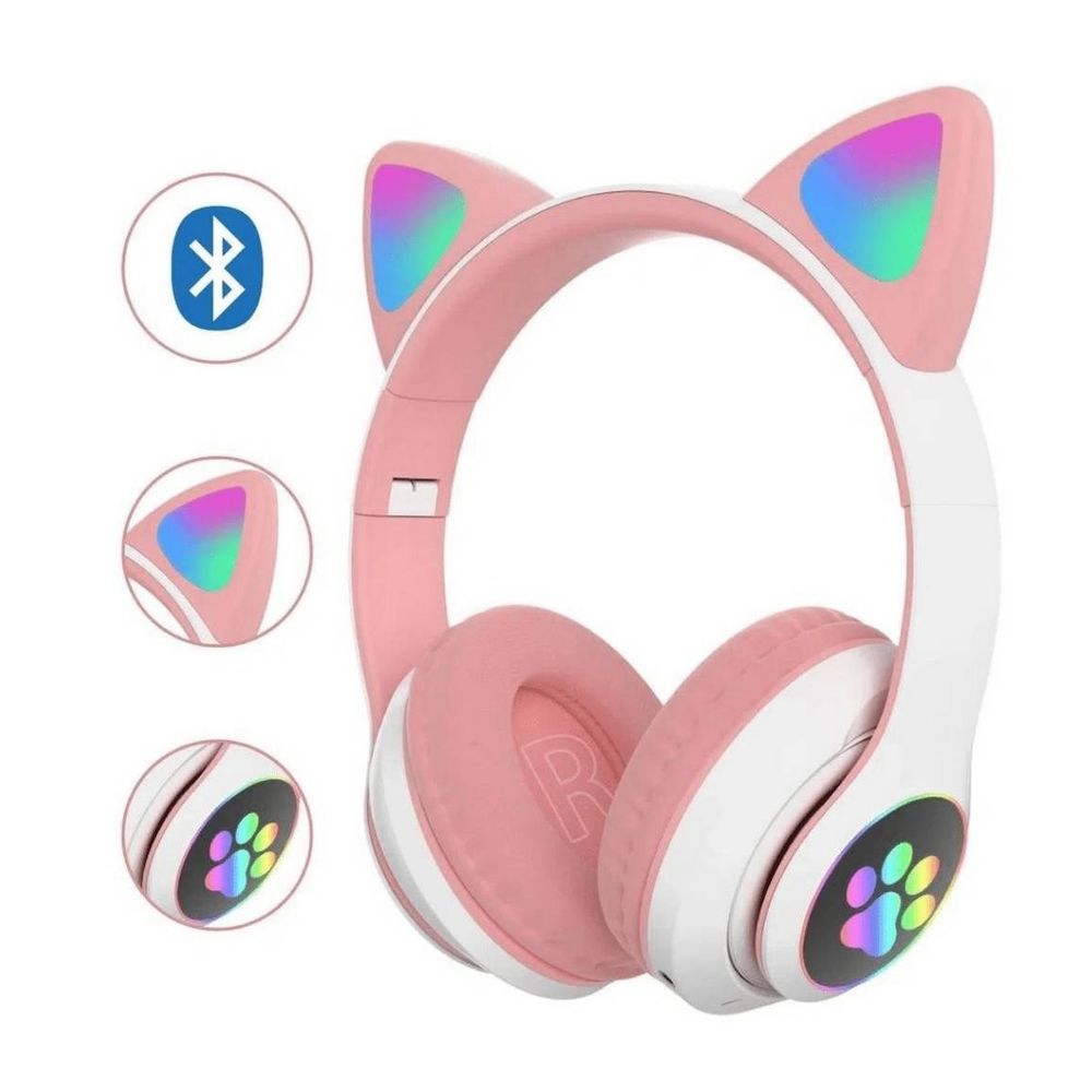 Audífonos Bluetooth Oreja De Gato Con Luz Led Rosado