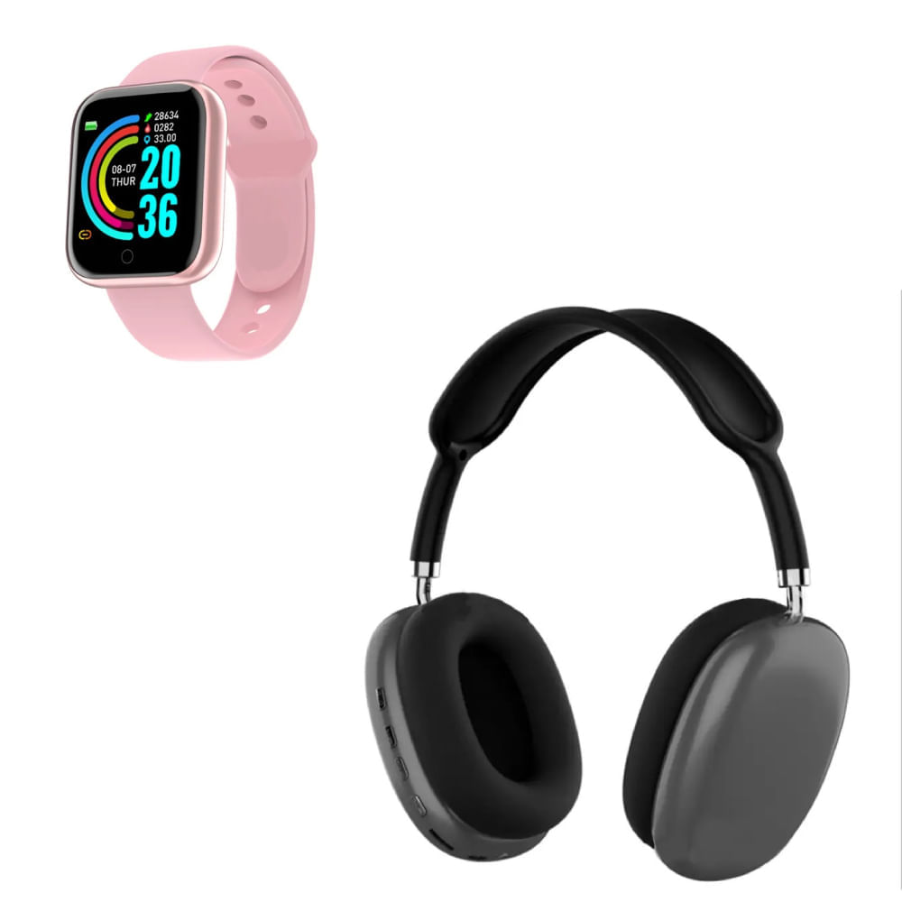 Pack Smartwatch D20 Rosado y Audifono P9 Negro