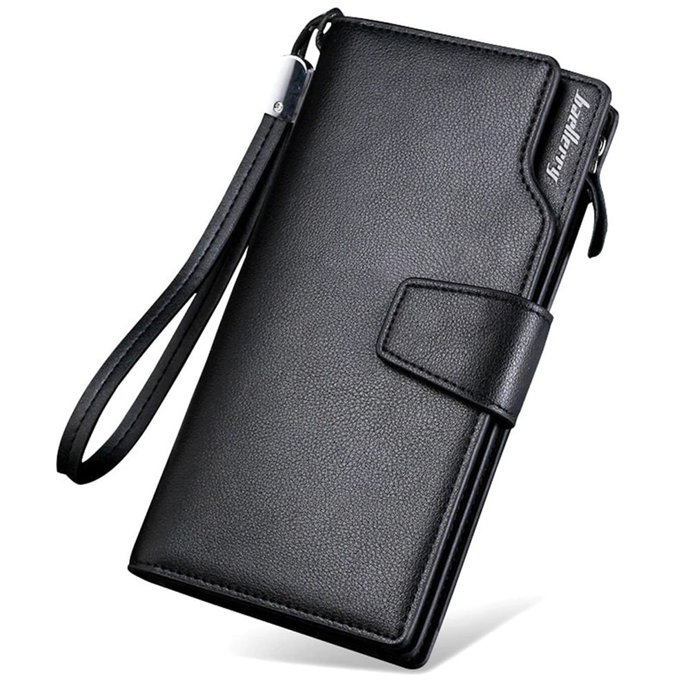 Billetera Larga de Cuero para Hombre con Tarjetero Porta Celular - Negro