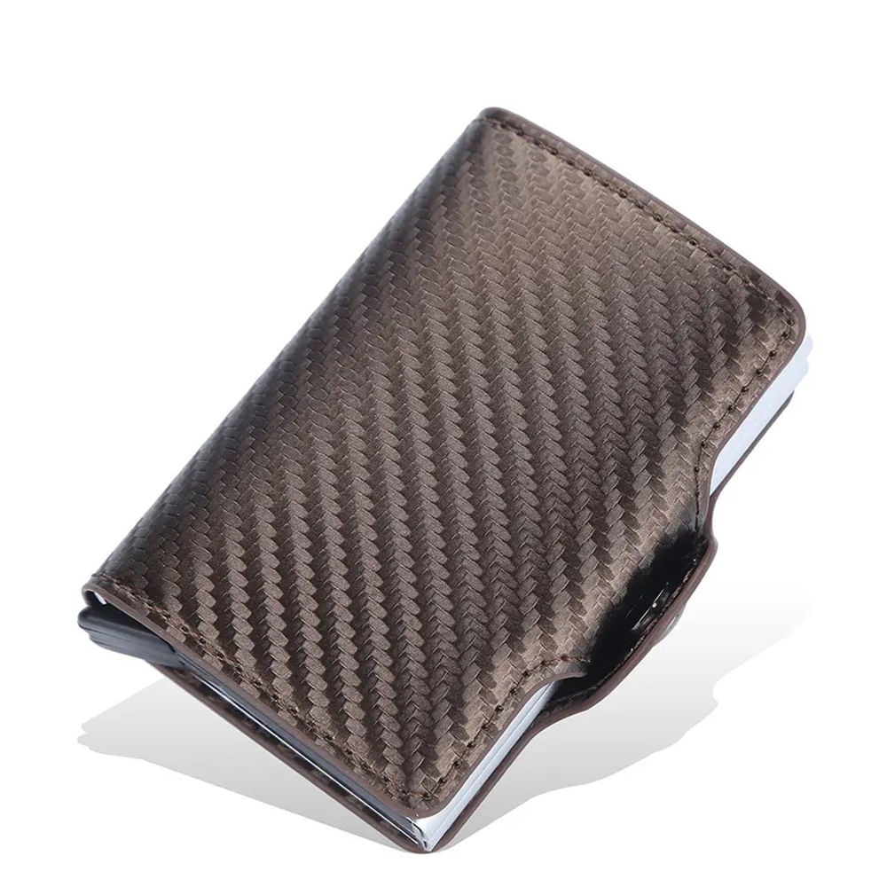 Billetera Hombre RFID de Fibra de Carbono con Tarjetero Porta 14 Tarjetas - Marrón Oscuro