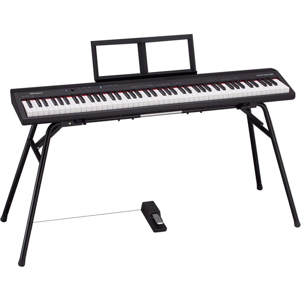  Roland GO:PIANO - Paquete de piano digital de 88 teclas con  soporte ajustable, banco, pedal de sostenimiento, libro de instrucciones,  DVD instructivo de Austin Bazaar, lecciones de piano en línea y 