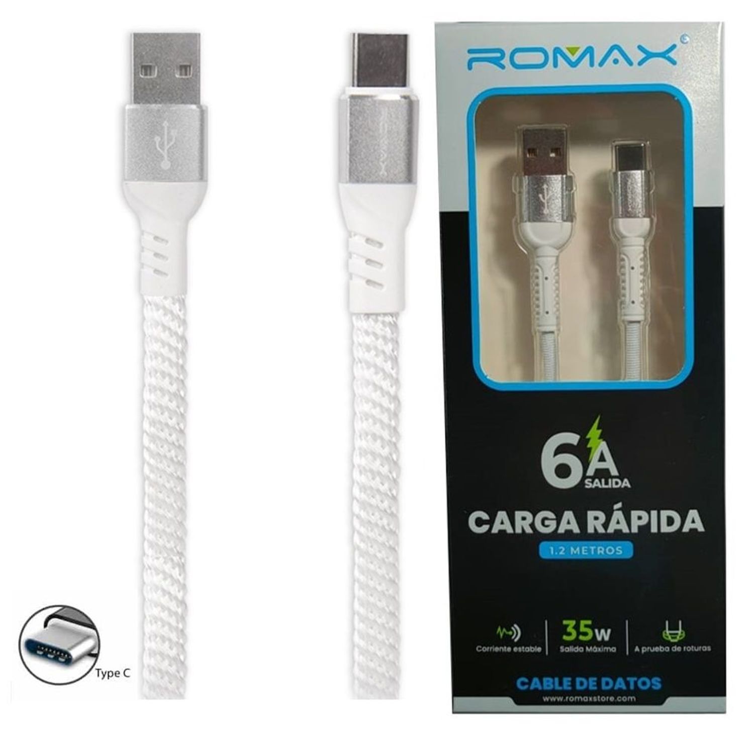 Cable Cargador Tipo C Romax para Carga Rapida de 6A Blanco I