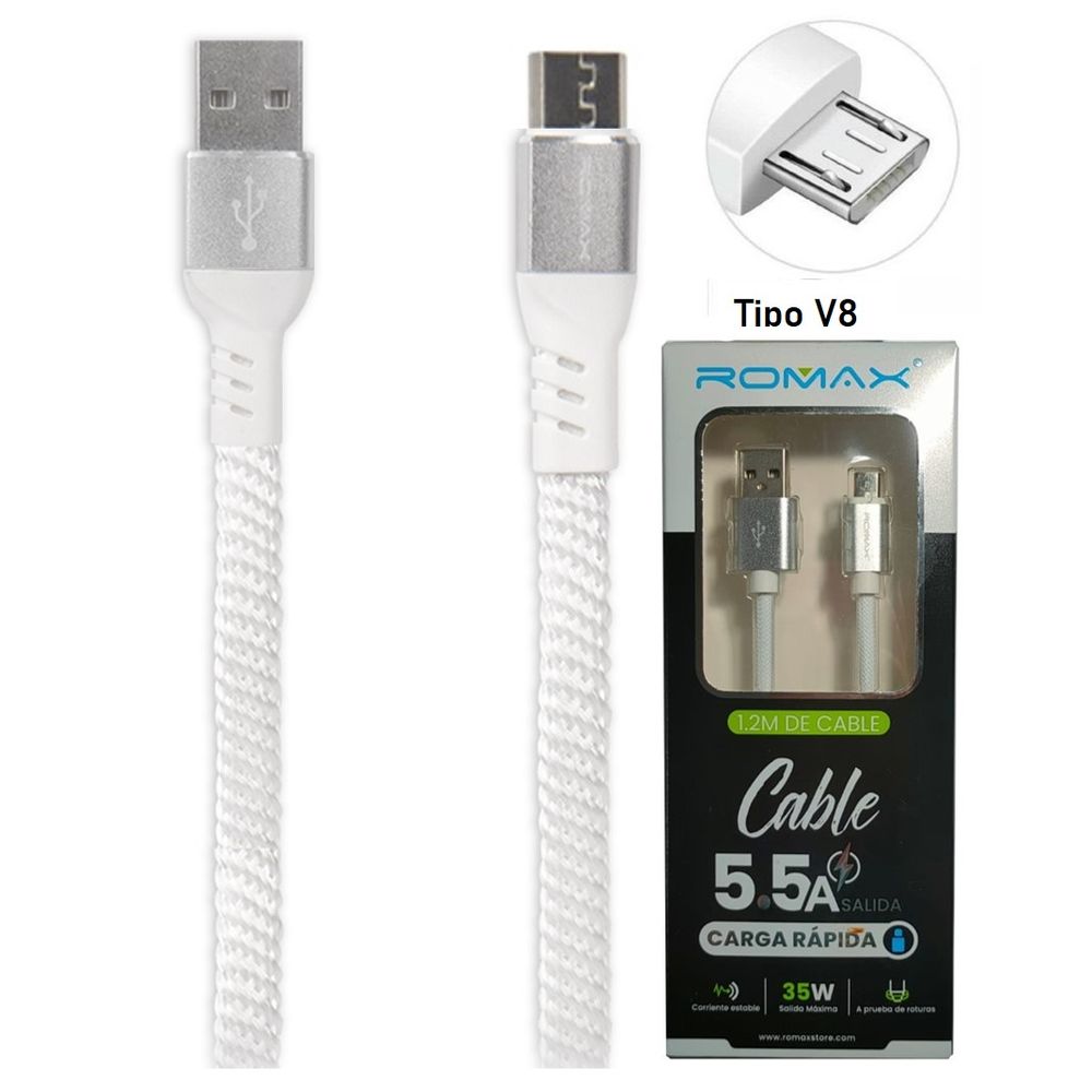 Cable Cargador Tipo V8 Romax para Carga Rapida de 5A Blanco