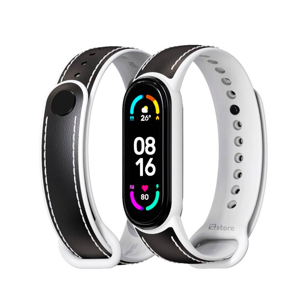 Correa De Cuero Compatible Con Xiaomi Mi Band 5 y 6 Negro M/Blanco