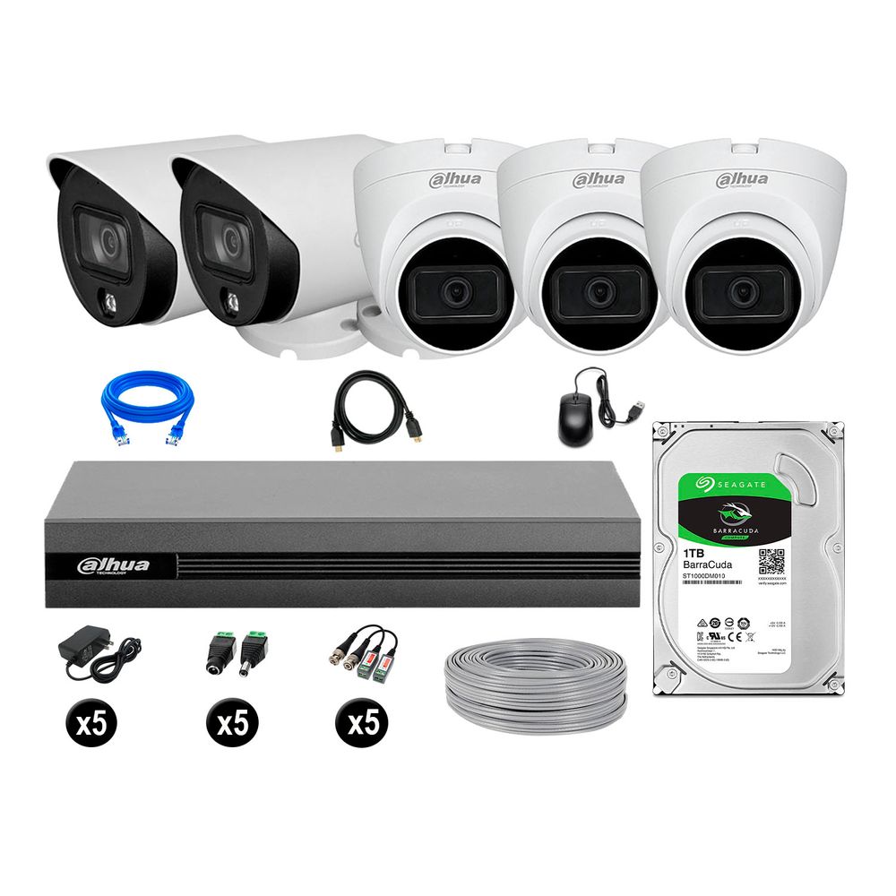 Cámaras Seguridad Dahua Kit 5 Full Hd Disco 1tb Vision Nocturna Full Color
