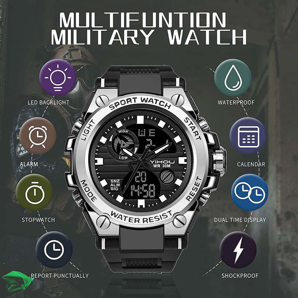 Reloj Hombre Deportivo Análogo Digital Impermeable con Cronógrafo Militar-  Plateado